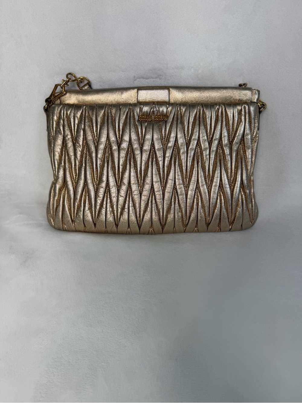 Miu Miu Metallic Gold Quilted Clutch with Chain